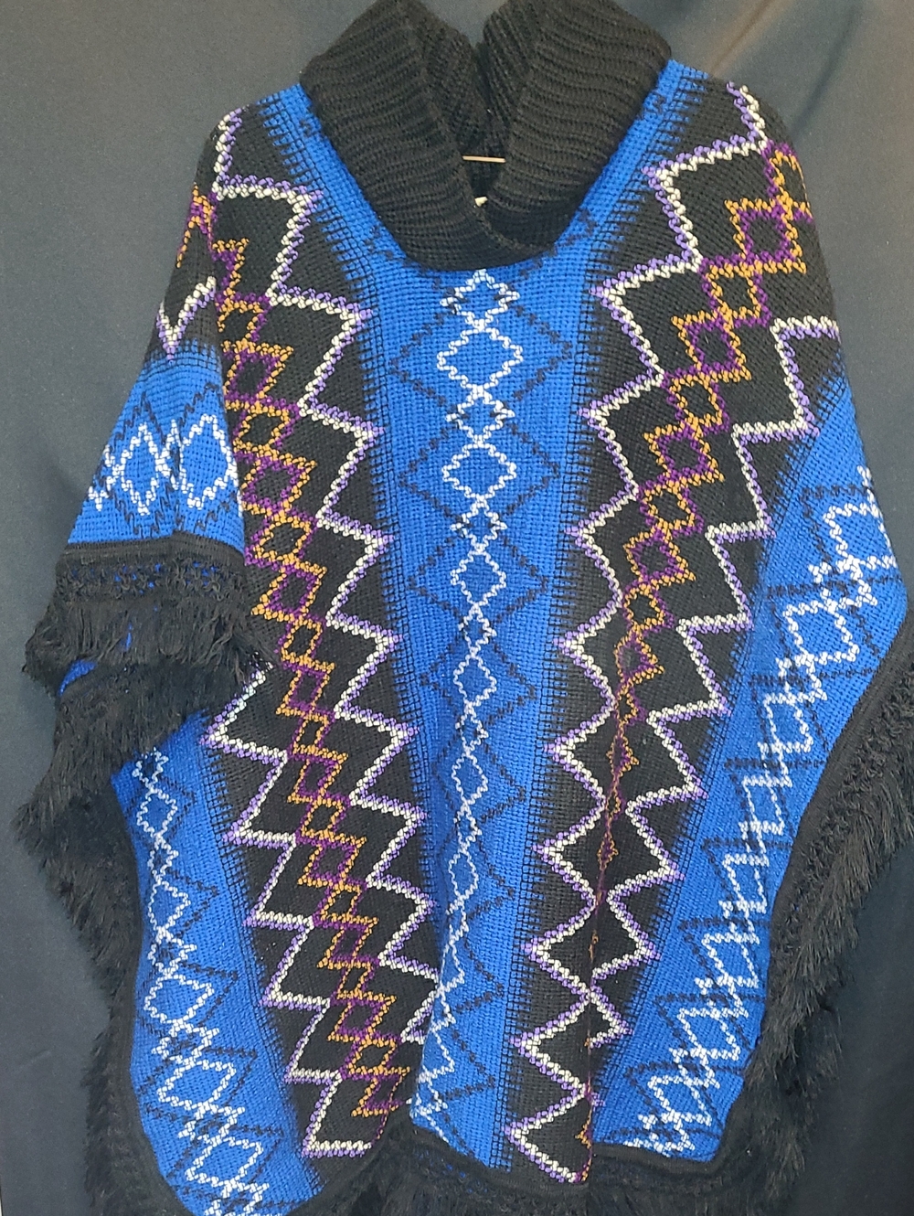 Vintage Poncho Blue Patterned Shawl Sweater with Fringe